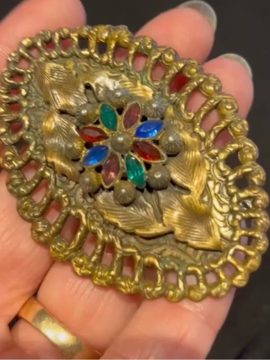 Antique Jewelry - Vintage Florenza Style Rhinestone Floral Brooch Filigree Statement Pin